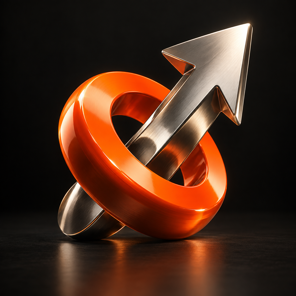 An upward silver arrow passing through an orange ring, a sculpture representing momentum.